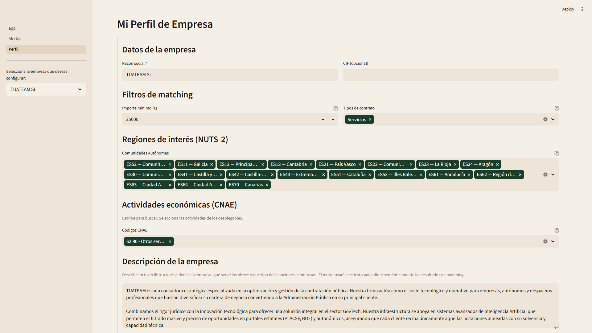 Configuración del perfil de empresa para recibir las alertas