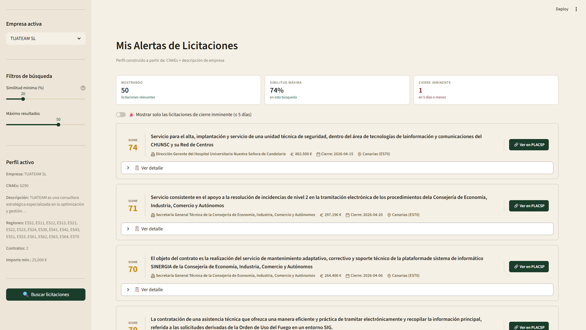 Pantalla de resultados del sistema de alertas de licitaciones